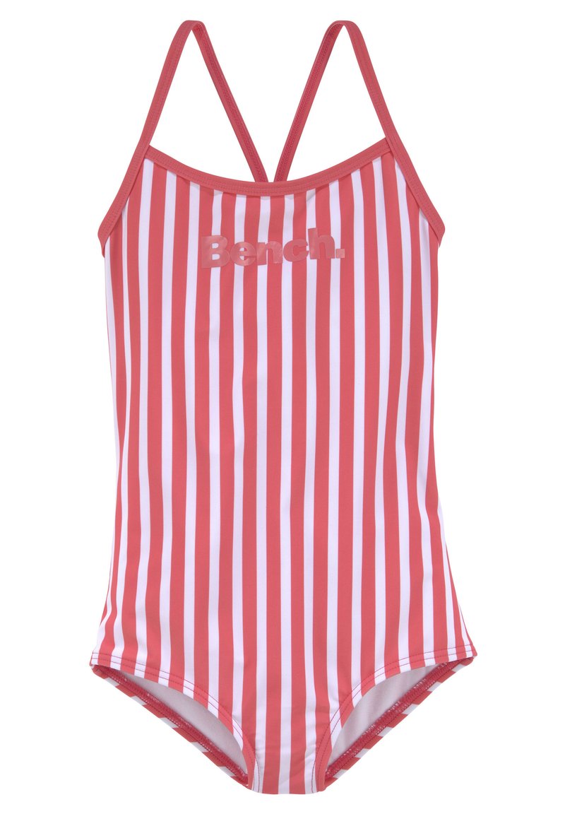 Rot-weißer gestreifter Badeanzug mit Halterneck und dünnen Trägern, versehen mit einem strukturierten Logo "Bench." auf der Brust.