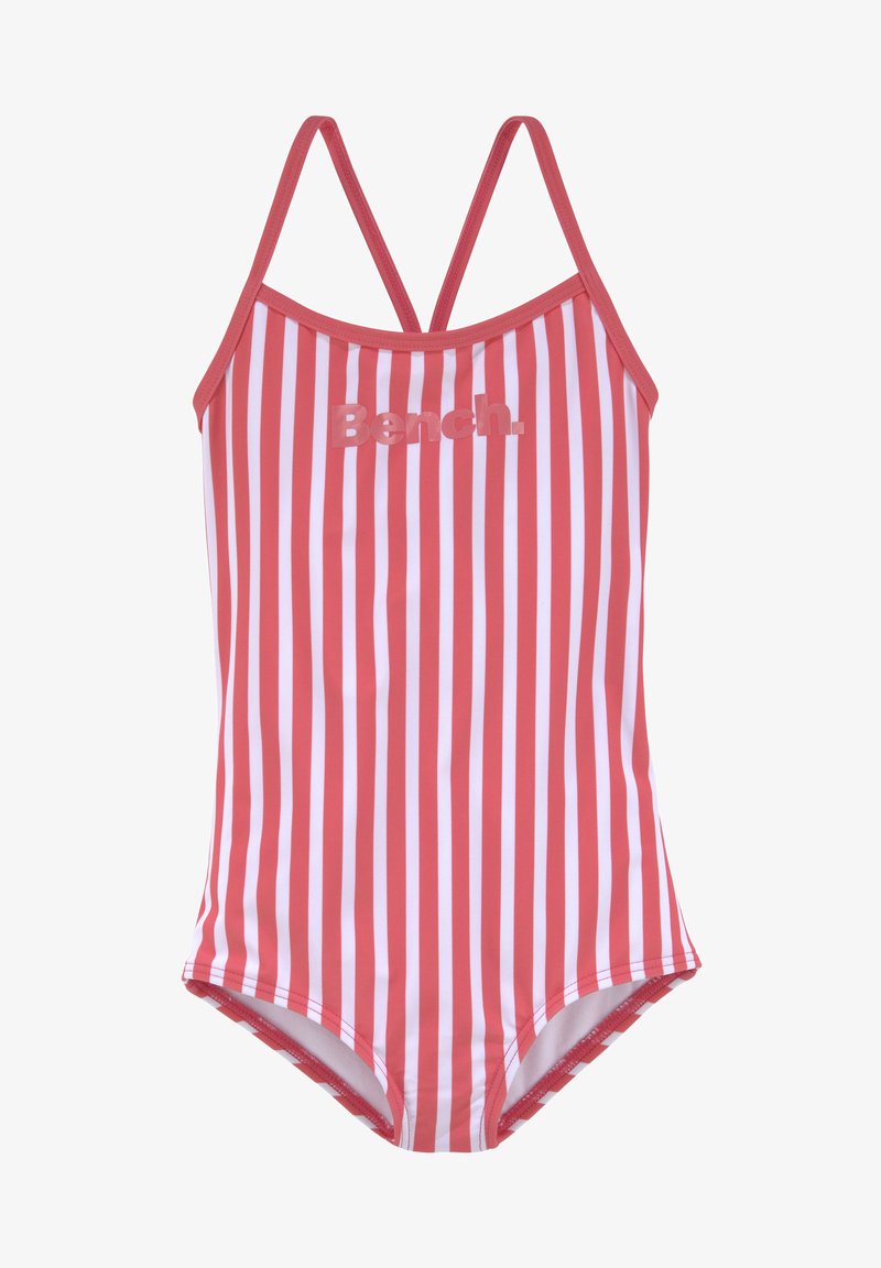 Rot-weißer gestreifter Badeanzug mit Halterneck und dünnen Trägern, versehen mit einem strukturierten Logo "Bench." auf der Brust.