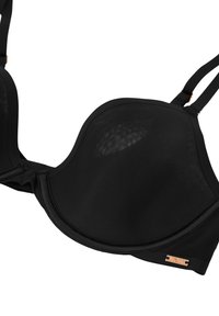 Svart bh i en slät textil med byglar, vadderade kupor, justerbara axelremmar och en liten guldfärgad accentlogotyp.