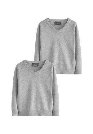Two plain light grey V-neck sweaters, long sleeves, ribbed cuffs and hem, laid flat on white background.