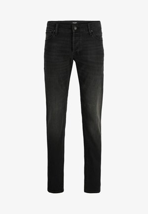 Sorte denim jeans med slim fit, der har fem lommer, bæltestropper og lynlås. Subtil falming og en glat tekstur.