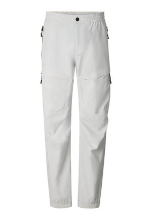 Light gray cargo pants with elastic waistband and cuffs, zippered side pockets, and a black button closure at the front.