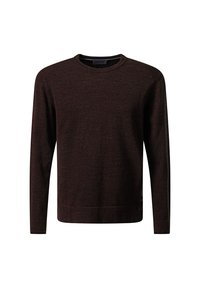 Burgunderfarbener Pullover mit langen Ärmeln, gerippter Rundhalsausschnitt, weiche Textur, gerader Saum, minimales Branding an der unteren Seite.