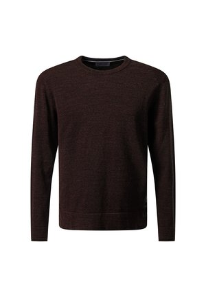 Burgunderfarbener Pullover mit langen Ärmeln, gerippter Rundhalsausschnitt, weiche Textur, gerader Saum, minimales Branding an der unteren Seite.