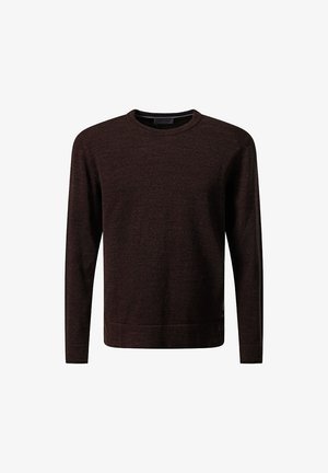 Burgunderfarbener Pullover mit langen Ärmeln, gerippter Rundhalsausschnitt, weiche Textur, gerader Saum, minimales Branding an der unteren Seite.