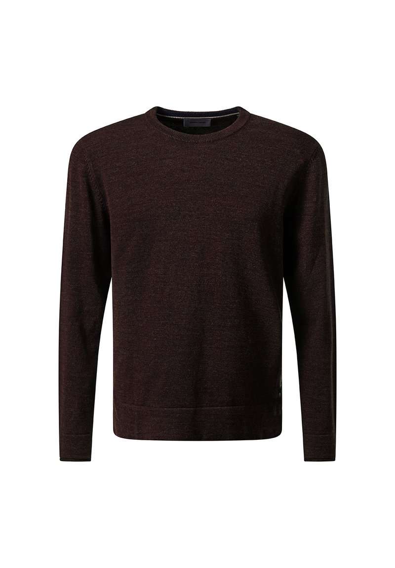 Burgunderfarbener Pullover mit langen Ärmeln, gerippter Rundhalsausschnitt, weiche Textur, gerader Saum, minimales Branding an der unteren Seite.