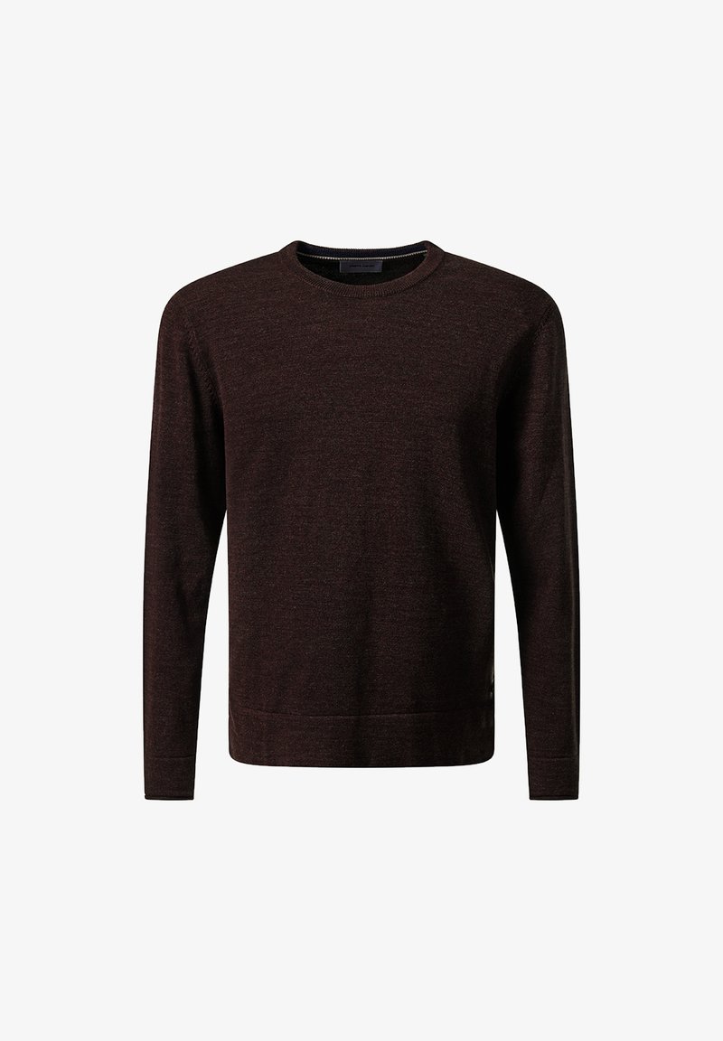 Burgunderfarbener Pullover mit langen Ärmeln, gerippter Rundhalsausschnitt, weiche Textur, gerader Saum, minimales Branding an der unteren Seite.