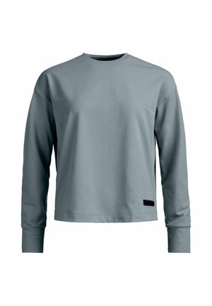 Langärmliges Sweatshirt mit Rundhalsausschnitt in Hellblau, lockerer Passform und einem kleinen schwarzen rechteckigen Etikett nahe dem unteren Saum auf der Vorderseite links.