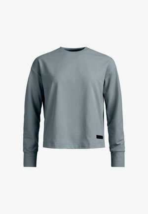 Langärmliges Sweatshirt mit Rundhalsausschnitt in Hellblau, lockerer Passform und einem kleinen schwarzen rechteckigen Etikett nahe dem unteren Saum auf der Vorderseite links.