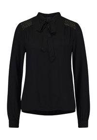 Blusa nera a maniche lunghe, con dettagli in pizzo sulle spalle, colletto rialzato e fiocco sulla parte anteriore. Tessuto morbido, taglio dritto, vestibilità comoda.