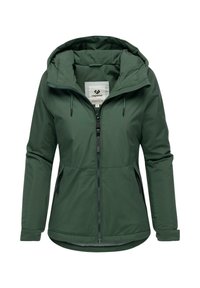 Giacca verde con cappuccio, dotata di cerniera frontale, tasche laterali e cordini regolabili. Tessuto liscio e resistente all'acqua con una vestibilità strutturata.