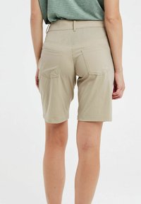 Béžové šortky s hladkým povrchom, stredne vysokým pásom a dvoma zadnými vreckami. Dizajn je jednoduchý a funkčný, vhodný na bežné nosenie.