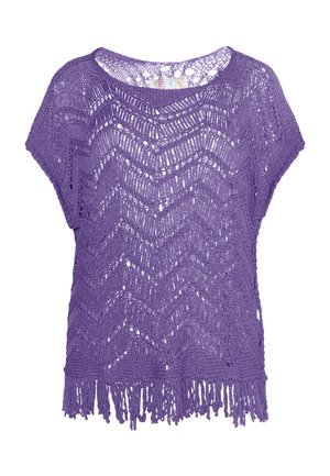 Lila kötött felső cseppmintával, nyitott szövésű, széles rövid ujjú, és rojtos díszítéssel az alján.
