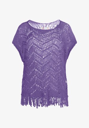 Top tricotat violet cu un model în zigzag, țesătură deschisă, mâneci scurte late și detalii cu franjuri la margine.