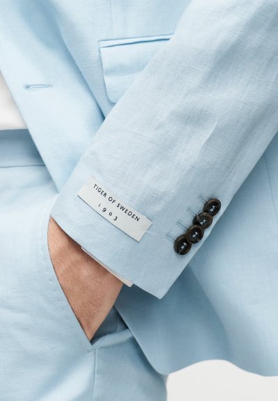 Μανίκι ανοιχτού γαλάζιου κοστουμιού με μαύρα κουμπιά και λευκή ετικέτα με την επιγραφή «Tiger of Sweden 1903», χέρι εν μέρει στην τσέπη.