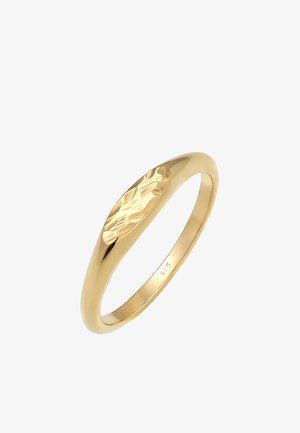 Goldplattierter 925er Sterling-Silberring mit einem glatten Band und einem strukturierten, länglichen Blattdesign oben. Polierte Oberfläche.