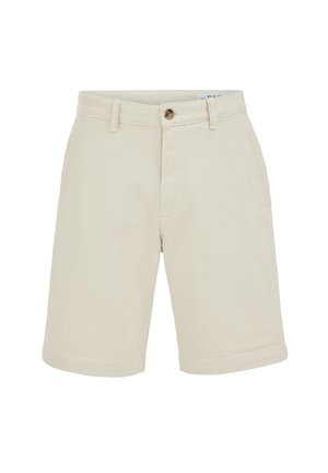 Beżowe szorty do kolan z zapięciem na guzik i suwak, szlufkami na pasek i prostym wykończeniem.