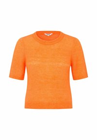Kortebloedige trui in fel oranje, gemaakt van zacht breimateriaal met een ronde halslijn en geribbelde manchetten en onderrand.
