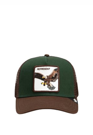 Casquette trucker verte et marron avec un écusson frontal représentant un aigle en vol et le mot « REPRESENT ».