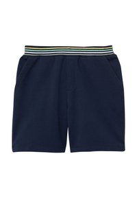 Pantaloni corti blu navy realizzati in cotone morbido, dotati di un elastico a righe in vita, due tasche laterali e un taglio dritto.