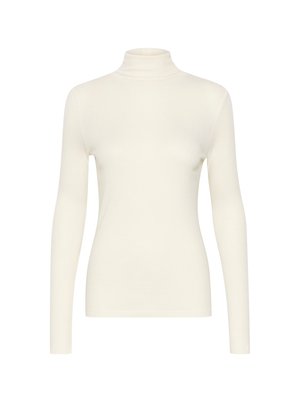 Hvid langærmet turtleneck-top, lavet af glat stof med en tætsiddende form, der har en høj krave og et minimalistisk design.