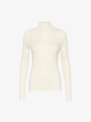 Witte lange mouwen turtleneck top, gemaakt van een gladde stof met een aansluitende pasvorm, met een hoge hals en een minimalistisch ontwerp.