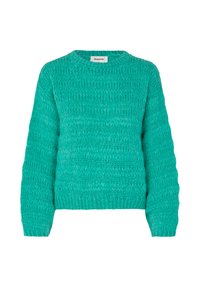 Chunky knit turquoise sweater with long sleeves and ribbed cuffs, neckline, and hem, showing a textured pattern throughout.