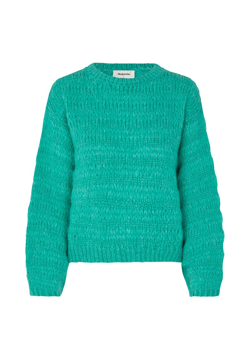 Chunky knit turquoise sweater with long sleeves and ribbed cuffs, neckline, and hem, showing a textured pattern throughout.