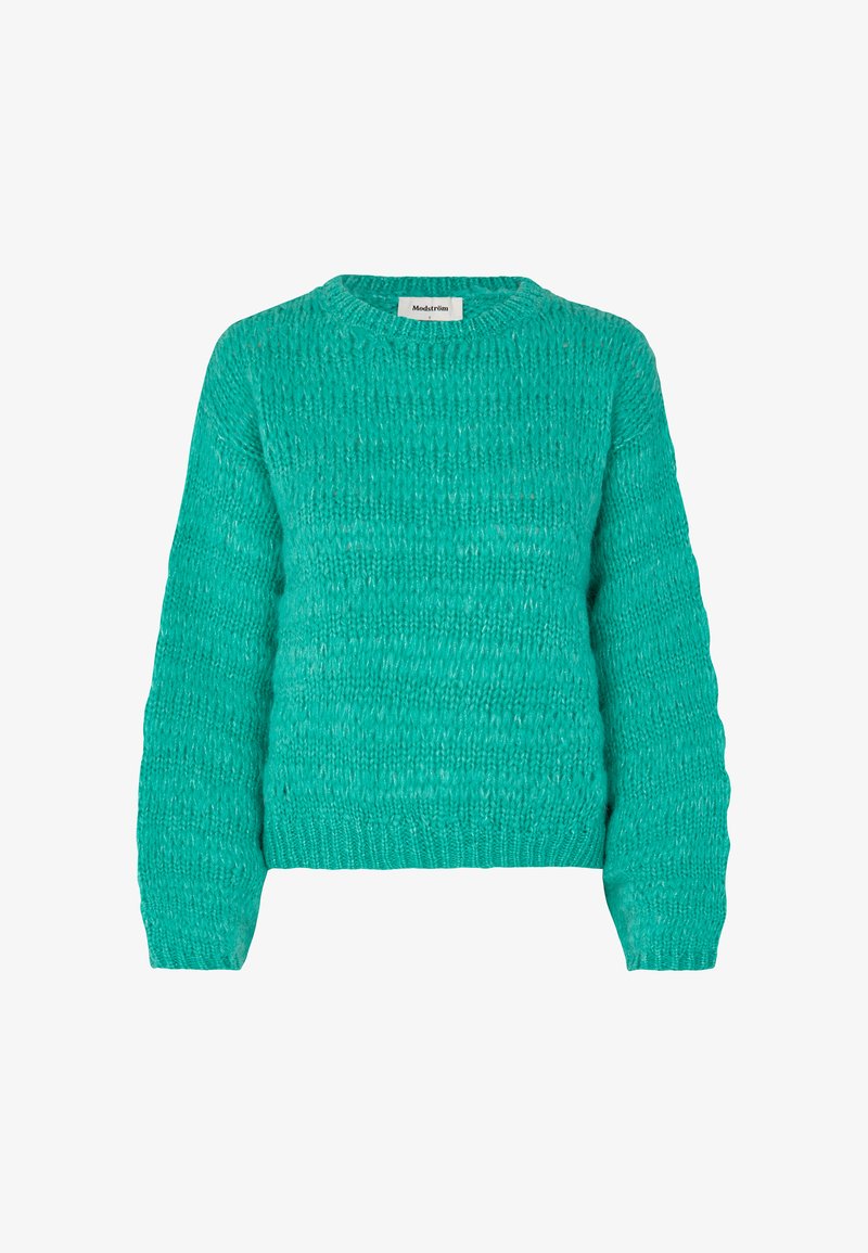 Chunky knit turquoise sweater with long sleeves and ribbed cuffs, neckline, and hem, showing a textured pattern throughout.
