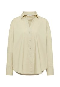Beige long-sleeve button-up shirt with a collar and cuffed sleeves, featuring a relaxed fit and a slightly curved hemline.