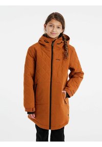Chaqueta acolchada de color óxido con capucha, que presenta una cremallera frontal y bolsillos laterales, llevada sobre pantalones negros.