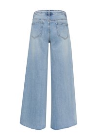 Light blue wide-leg jeans made of denim, featuring a high waist, two back pockets, and a loose fit. The fabric shows a slight faded texture.