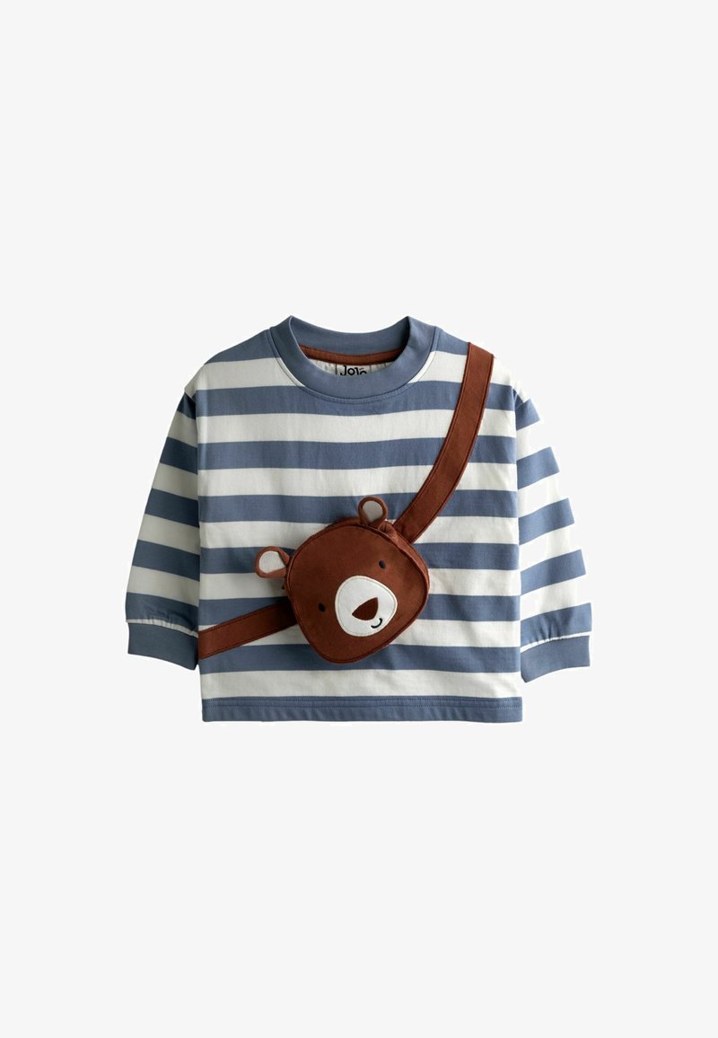 Laste pikkade varrukatega särk, siniste ja valgete horisontaaltriipudega, millel on pruun karupõskede kotiga kujundus ees.