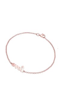 Armband aus roségold, bestehend aus einer zarten Kette mit einem geschwungenen "love" Charme, glatter Oberfläche und einem Karabinerverschluss. Schlichtes und elegantes Design.