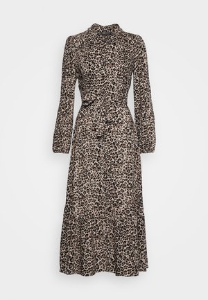 Vestido midi de manga larga con estampado de leopardo marrón y negro, cierre frontal con botones, cuello y cinturón para atar en la cintura.