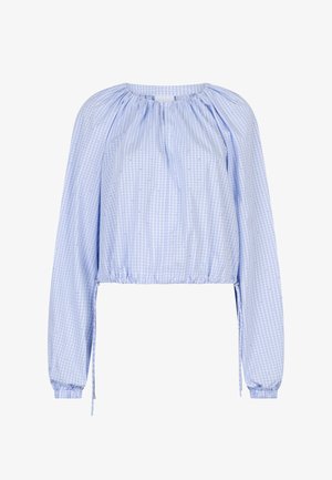 Lichtblauw geruit blouse met lange mouwen, elastische manchetten, geplooide halslijn en aantrekkoord aan de zoom. Heeft subtiele versieringen over het hele oppervlak.