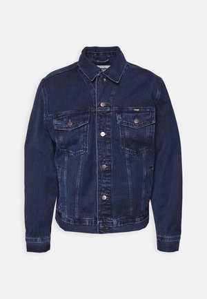 Dunkelblaue Jeansjacke mit durchgehender Knopfleiste, zwei Brusttaschen und silbernen Beschlägen. Verfügt über einen klassischen Kragen und leicht ausgebleichte Akzente.