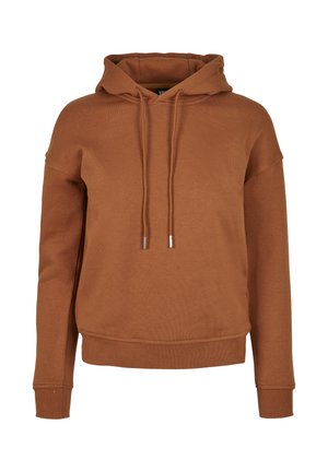 Brun huva sweatshirt med avslappnad passform, ribbade ärmslut och fåll. Har snoddar med metallspetsar och ett mjukt, strukturerat tyg.