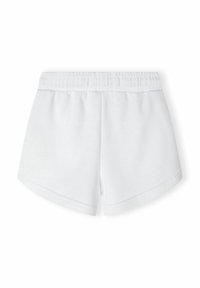 Shorts bianchi in tessuto morbido con vita elastica, caratterizzati da un taglio dritto e orlo curvo. Nessun motivo visibile o dettagli in hardware.