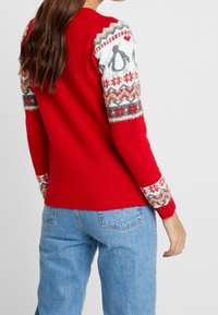 Röd tröja med stickade vita och mönstrade ärmar som har silverdetaljer. Ribbad nederkant och ärmslut, avslappnad passform, mjuk textur.