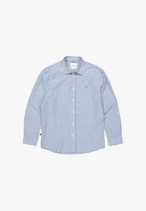 Blauw-wit gestreept overhemd voor heren met lange mouwen, knopen, een kraag en manchetten, plat neergelegd op een witte achtergrond.