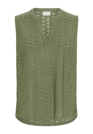 Top sans manches vert olive fait de tissu texturé avec des découpes en forme de diamant et un décolleté en V. Ourlet subtil avec des détails perforés.