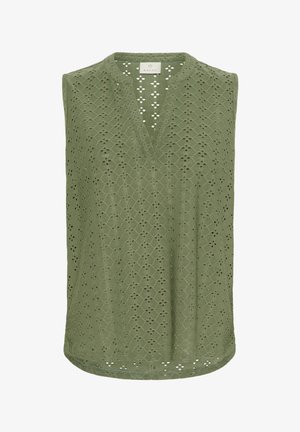 Olivno zelena brezrokavna majica iz teksturiranega materiala z izrezanimi diamanti in V-izrezom. Diskreten rob z perforiranimi detajli.