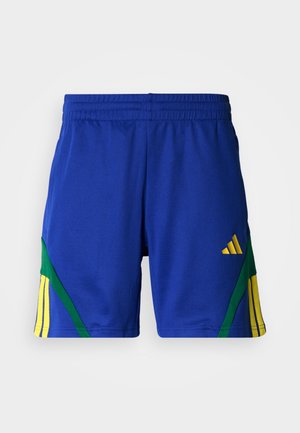 Blauwe sportshorts gemaakt van ademende stof, met groene en gele accenten, een elastische tailleband en zijstrepen met een logodetail.