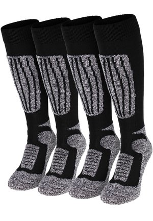 Schwarze knielange Socken mit vier vertikalen silbernen Streifen; strukturierte Sohle und hellgraue Zehen- und Fersenbereiche; gerippte Bündchen für Passform und Komfort.