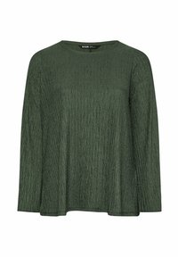 Maglia verde a maniche lunghe con un motivo testurizzato caratterizzato da righe verticali. Ha un collo rotondo e una vestibilità rilassata, realizzata in materiale morbido.