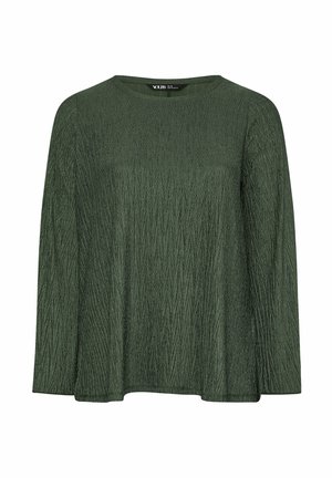Camiseta verde de manga larga con un patrón texturizado que presenta surcos verticales. Tiene un cuello redondo y un ajuste relajado, fabricada con un material suave.