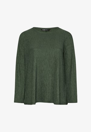 Camiseta verde de manga larga con un patrón texturizado que presenta surcos verticales. Tiene un cuello redondo y un ajuste relajado, fabricada con un material suave.