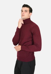 Maglione a collo alto bordeaux con maniche lunghe, realizzato in un tessuto liscio, con un design aderente e dettagli a costine sul colletto e sui polsini.