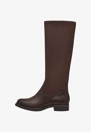 Stivale marrone in pelle al ginocchio con pannelli lisci e texturizzati, punta rotonda, tacco basso a blocco e discreto logo laterale.